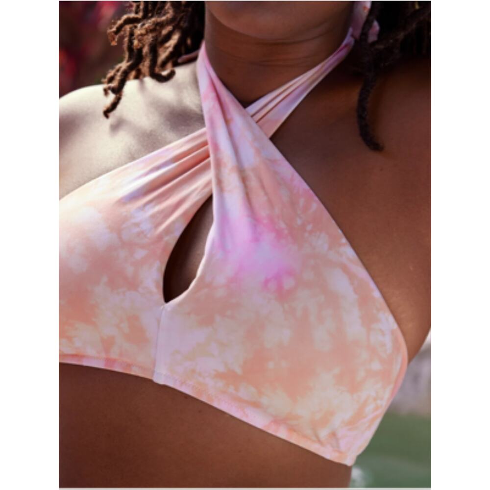 NWT! Aerie Crossover Keyhole Halter Bikini Top in Beach Peach - Size Large - Picture 2 of 10